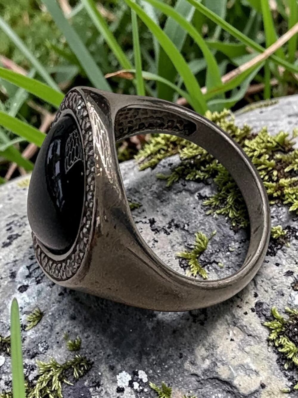 Vintage 925 Silver Black Onyx Statement Ring / Unique Textured Design / Size Adj